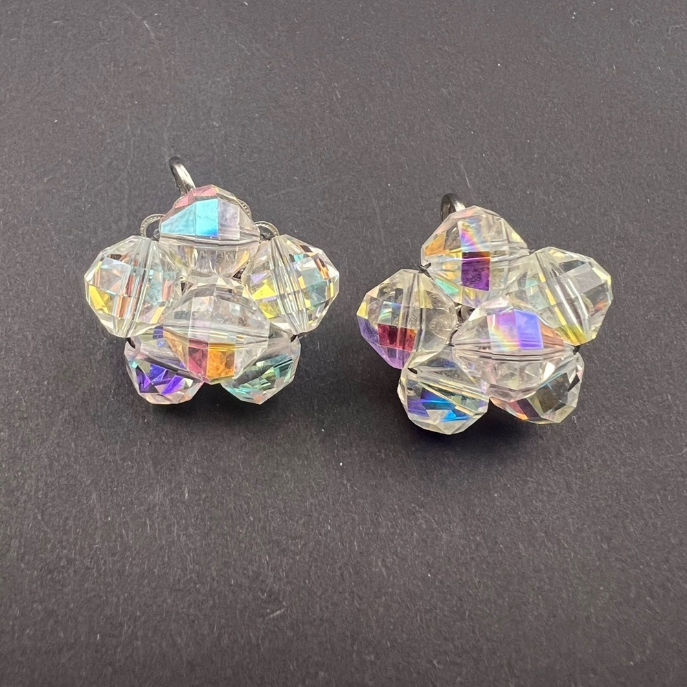 Vintage Signed Laguna AB Crystal Flower Cluster Clip Earrings 1950s